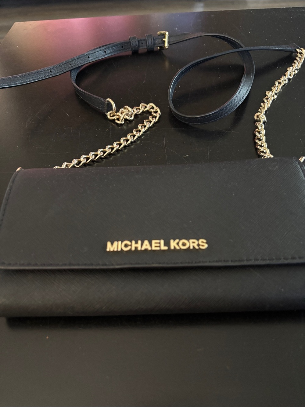 Michael Kors Black Leather Wallet Crossbody with Gold Hardware